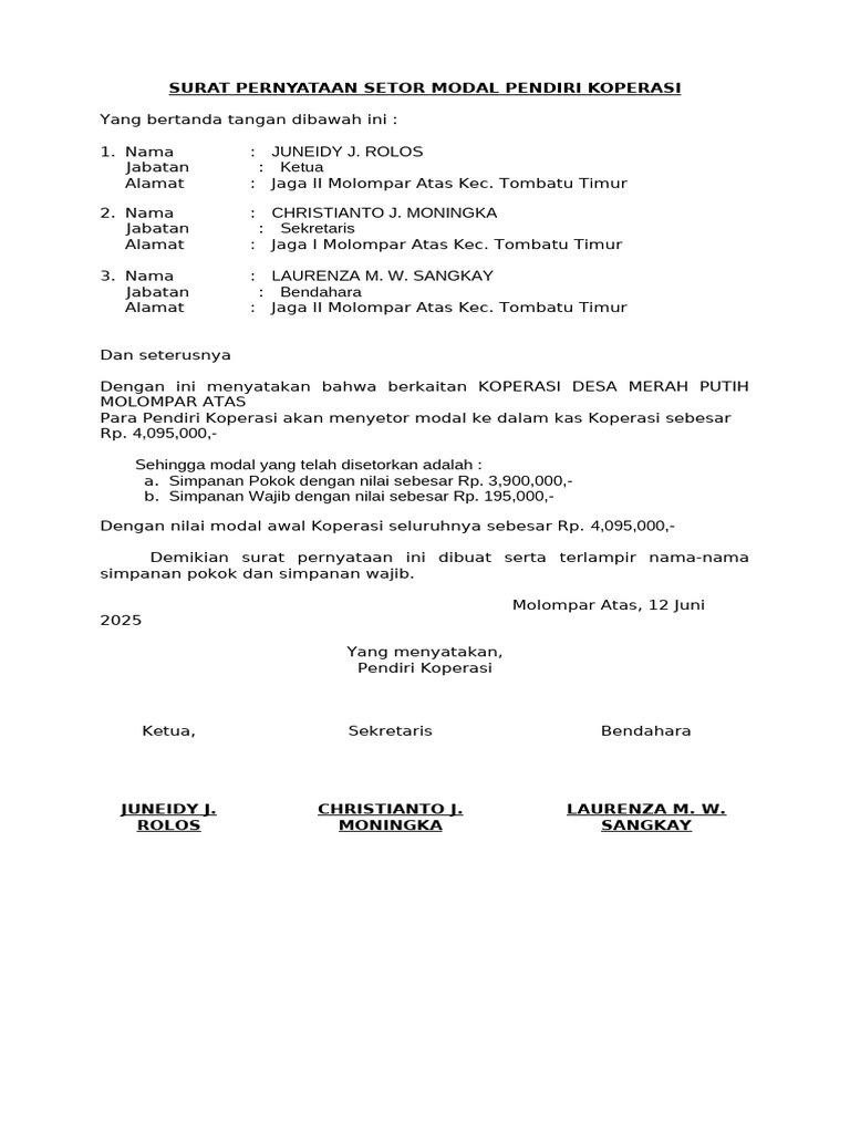Surat Setor Modal Koperasi Merah Putih | PDF
