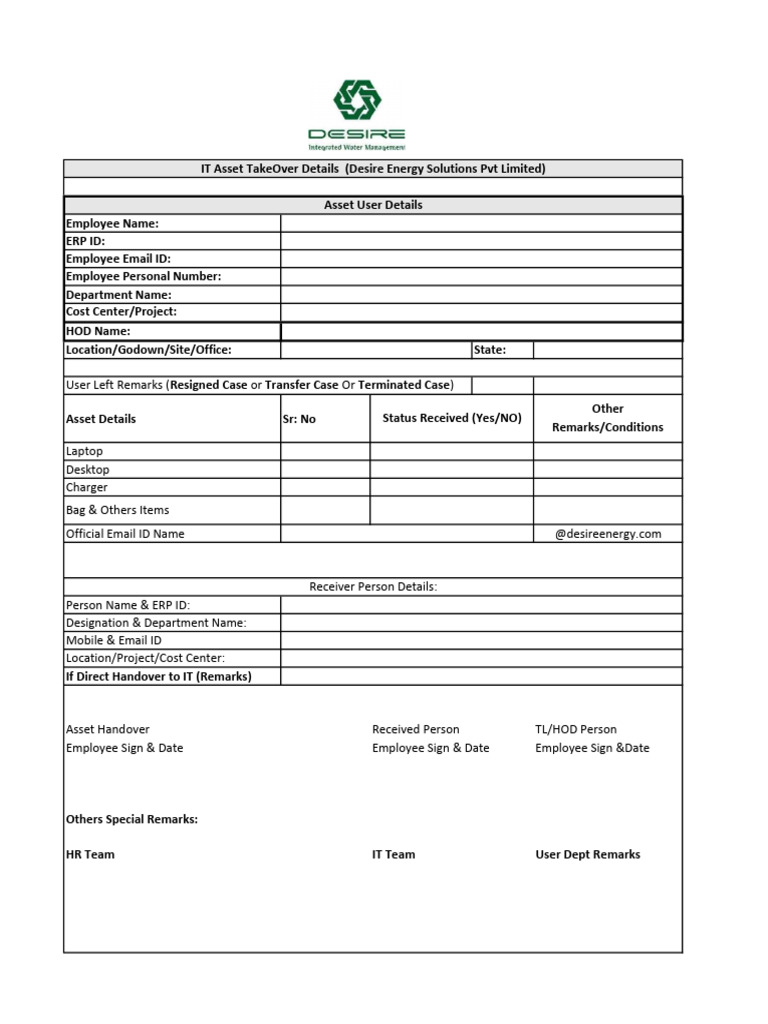 IT Asset Handover Form Template | PDF