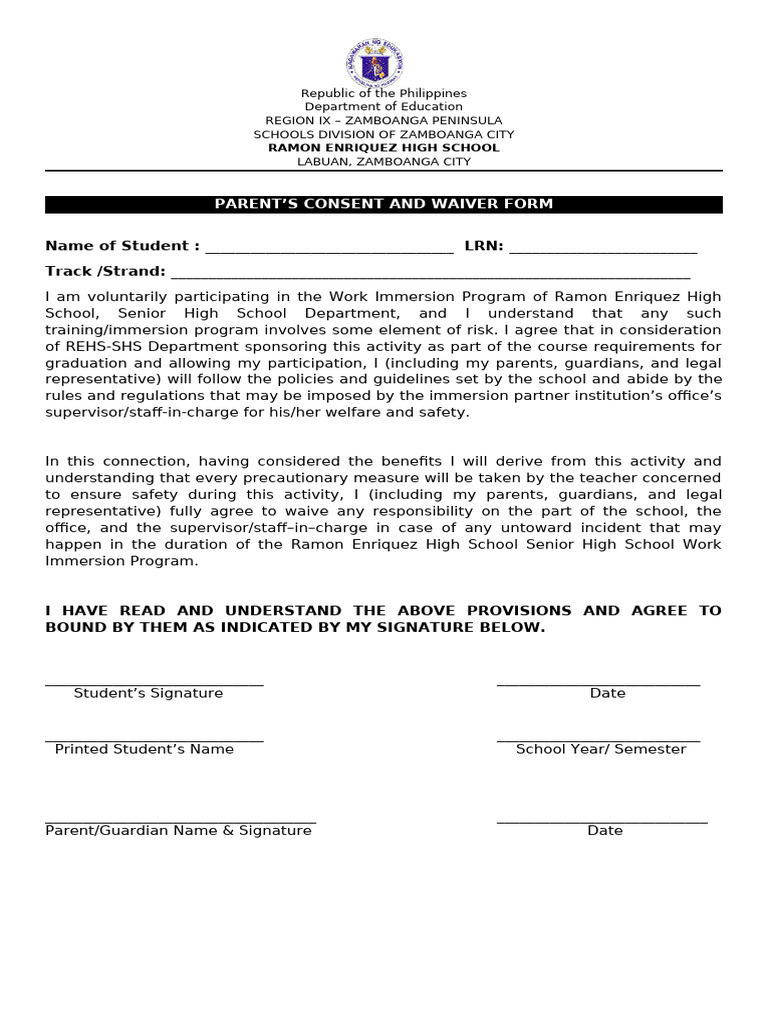 Parent Consent for Work Immersion Program | PDF