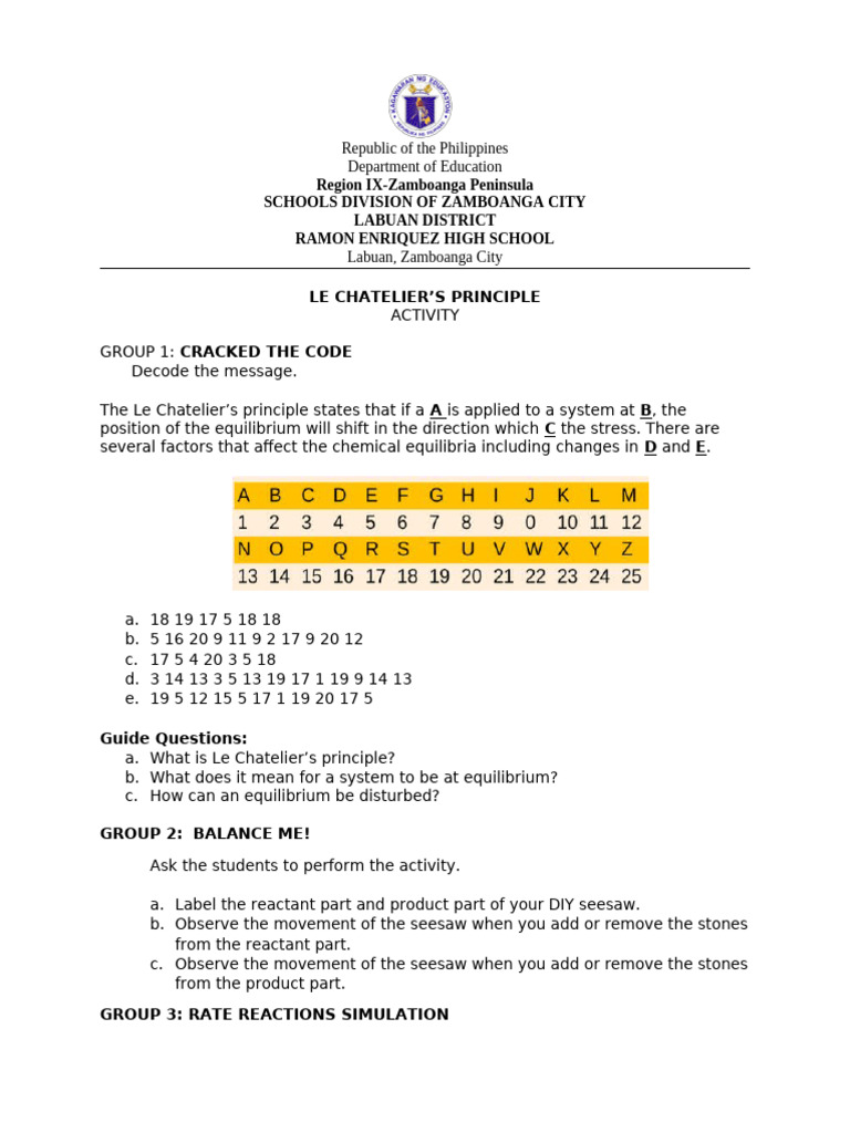 Le Chatelier's Principle Activities Guide | PDF