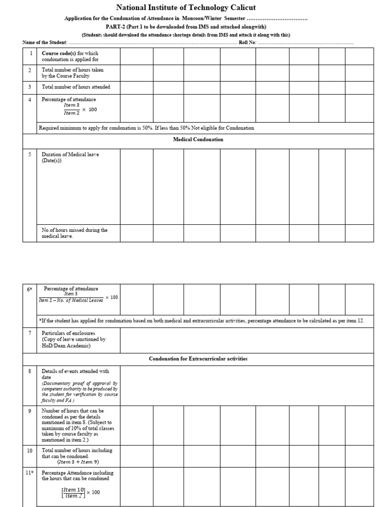 NIT Calicut Attendance Condonation Form | PDF