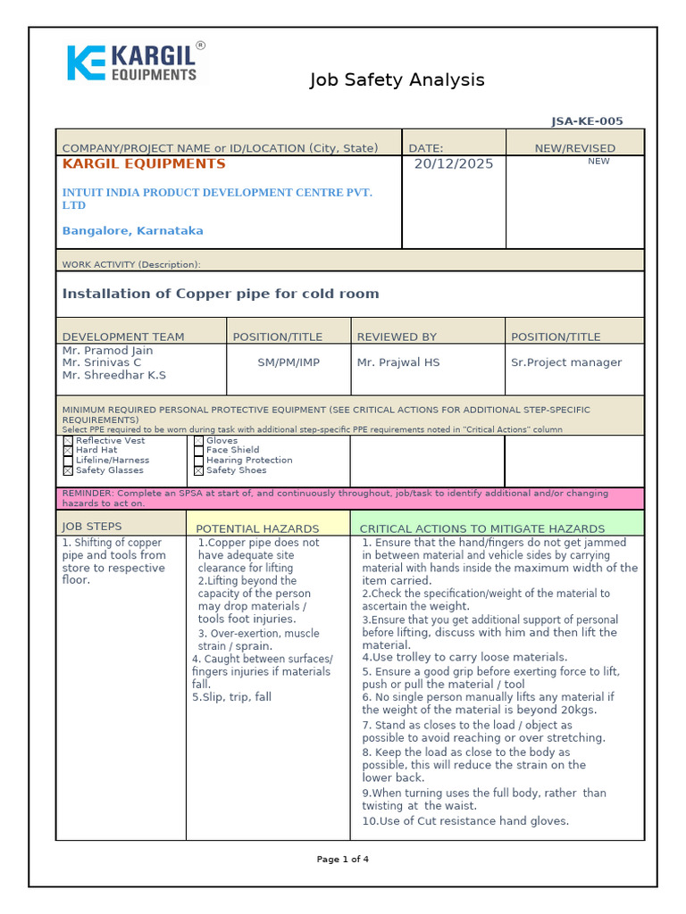 Job Safety Analysis for Copper Pipe Installation | PDF | Equipment