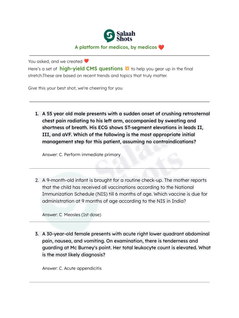 High-Yield CMS Questions for Medicos | PDF | Clinical Medicine ...
