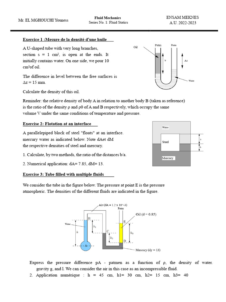 Fluid Mechanics Exercises: Statics & Dams | PDF | Pressure | Density