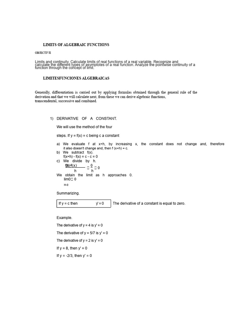 LIMITS OF ALGEBRAIC FUNCTIONS | PDF | Derivative | Limit (Mathematics)