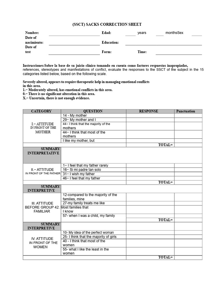 SSCT Sacks Correction Sheet Guide | PDF | Cognitive Science | Social ...