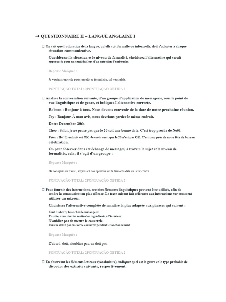 Questionnaire sur la langue anglaise I | PDF | Lexique | Linguistique