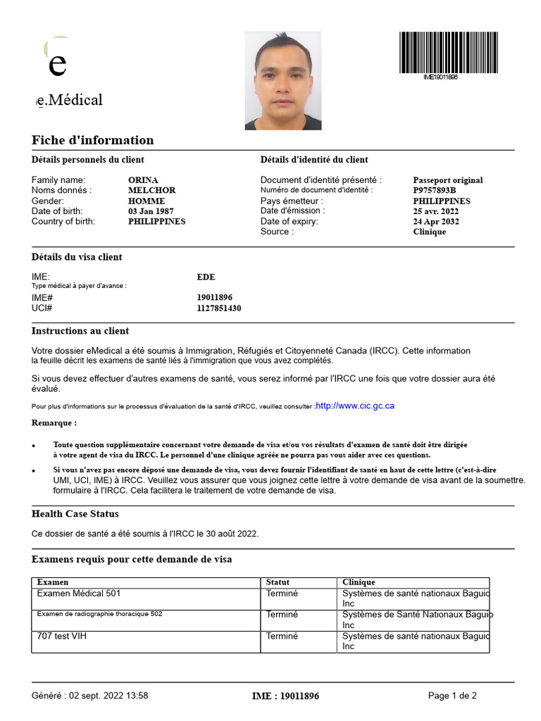 Dossier eMedical pour visa Canada | PDF