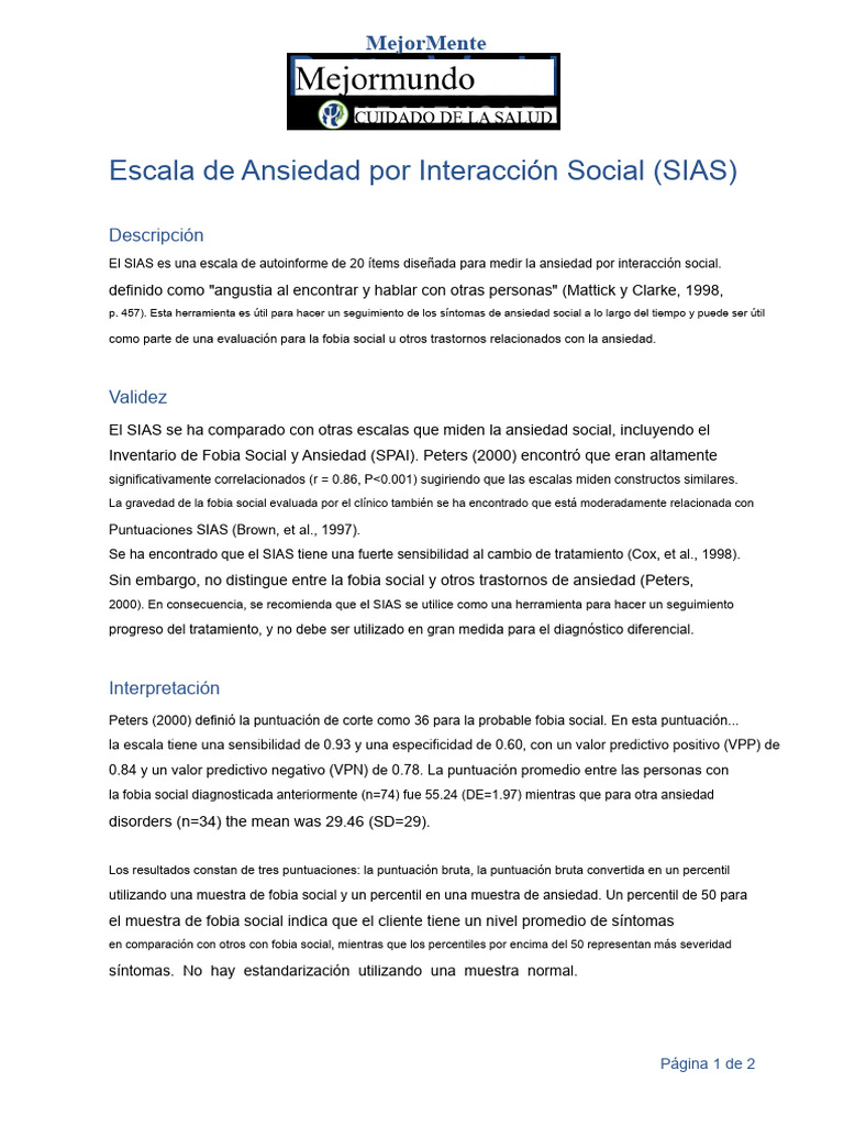 Escala SIAS: Medición de Ansiedad Social | PDF | Ansiedad | Desorden de ...