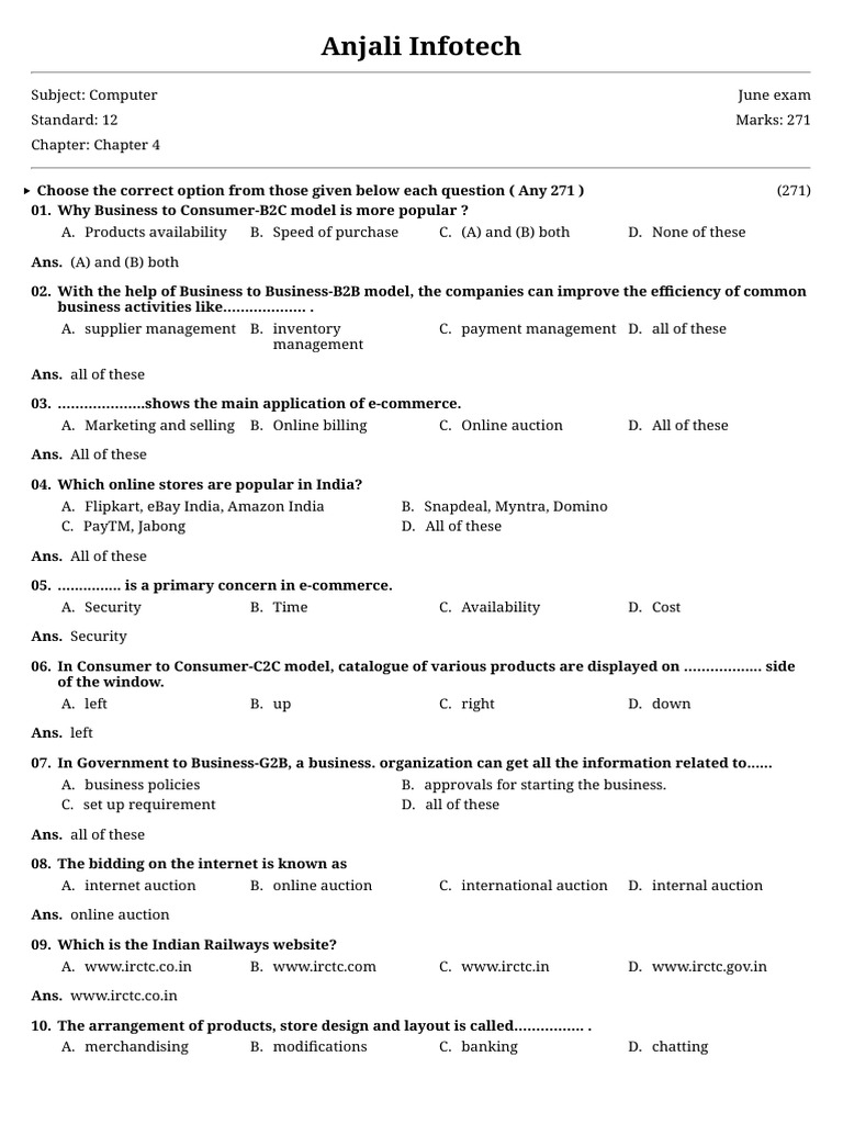 E-commerce Exam Questions for Class 12 | PDF | E Commerce | Online Shopping