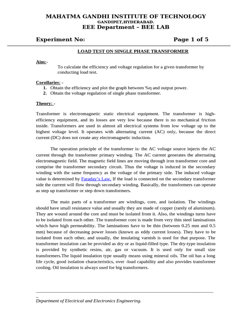 Load Test on Single Phase Transformer | PDF | Transformer | Alternating ...