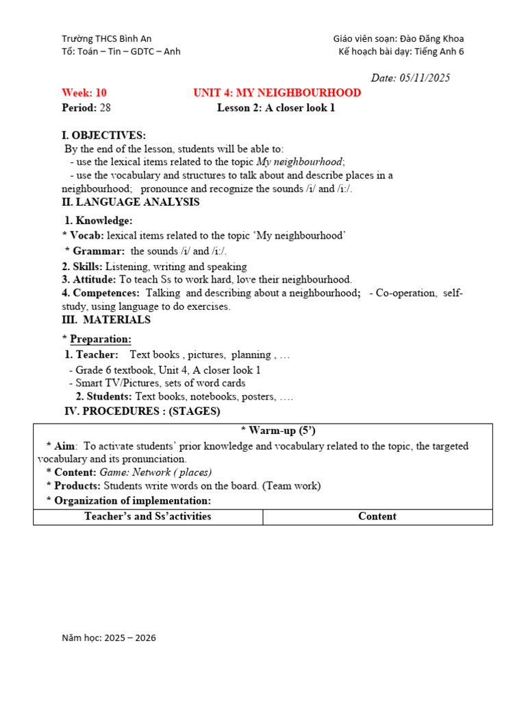 English Lesson Plan for Grade 6 | PDF | Vocabulary | Linguistics