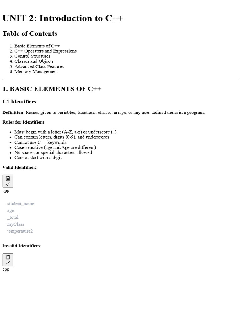 Unit 2_ Introduction to C++ - Complete Notes | PDF | Integer (Computer ...