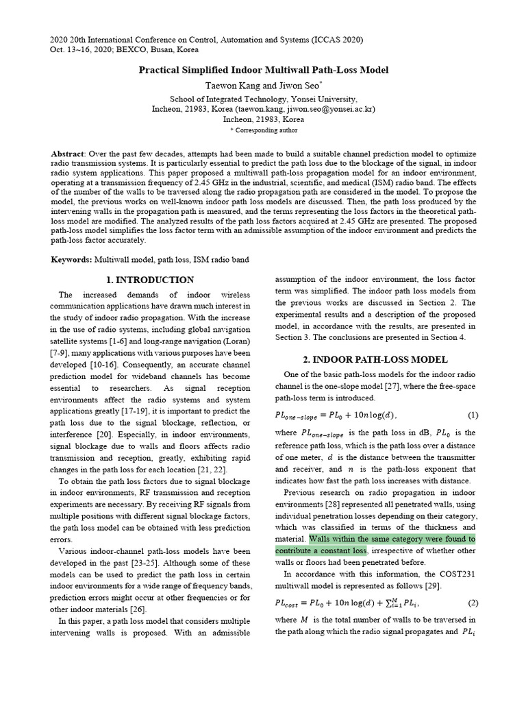 Multiwall Path-Loss Model for Indoor RF | PDF | Radio | Radio Wave