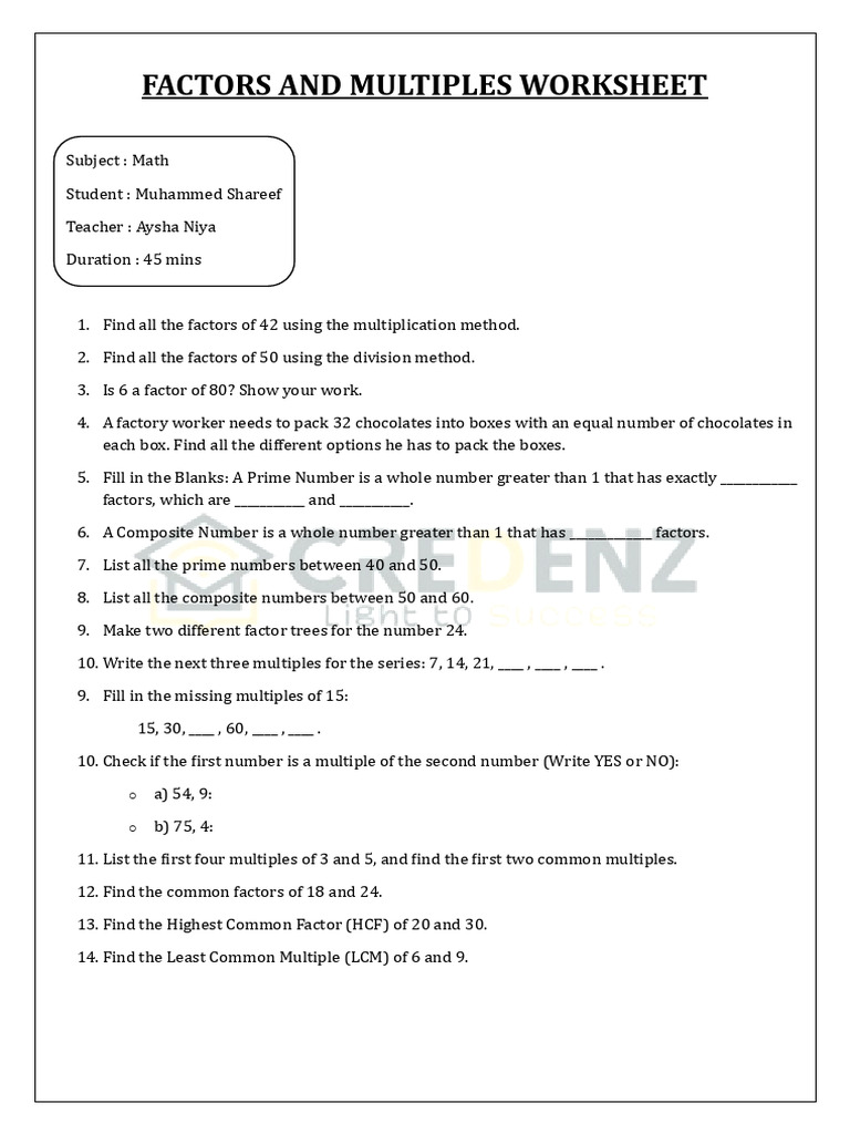 Factors and Multiples Math Worksheet | PDF