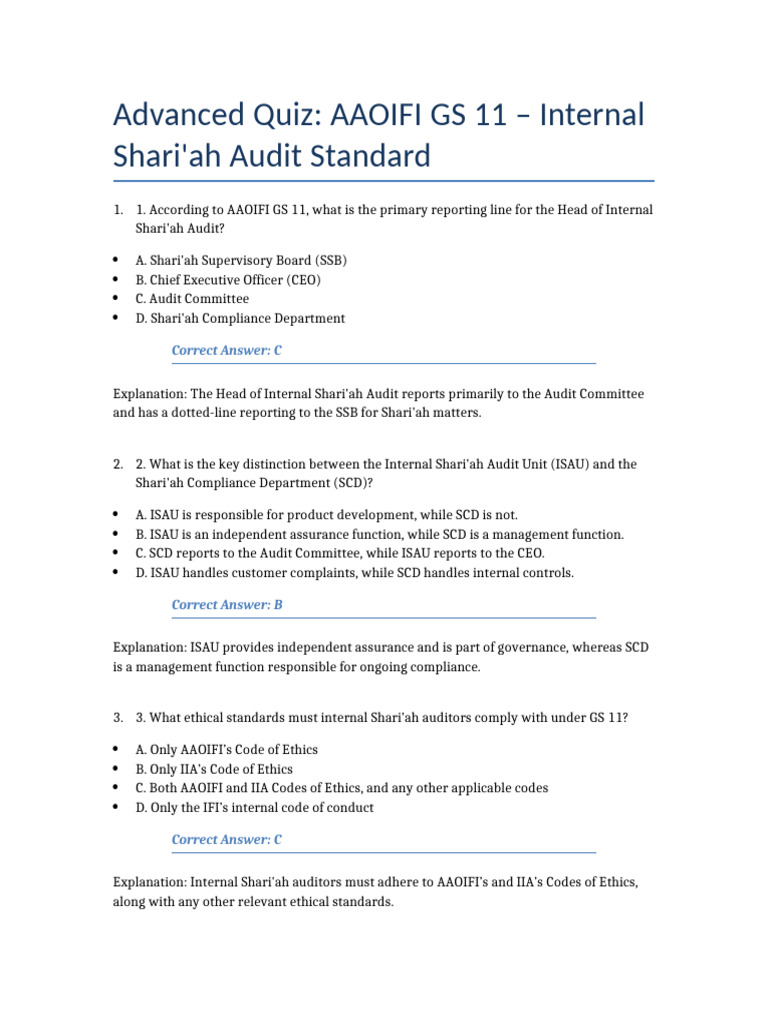 AAOIFI GS 11 Shari'ah Audit Quiz | PDF | Audit | Audit Committee