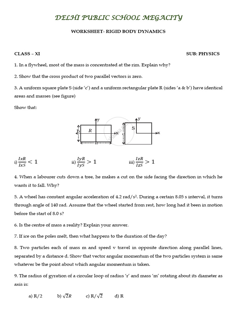 Rigid Body Dynamics Worksheet for Class XI | PDF | Rotation | Physics