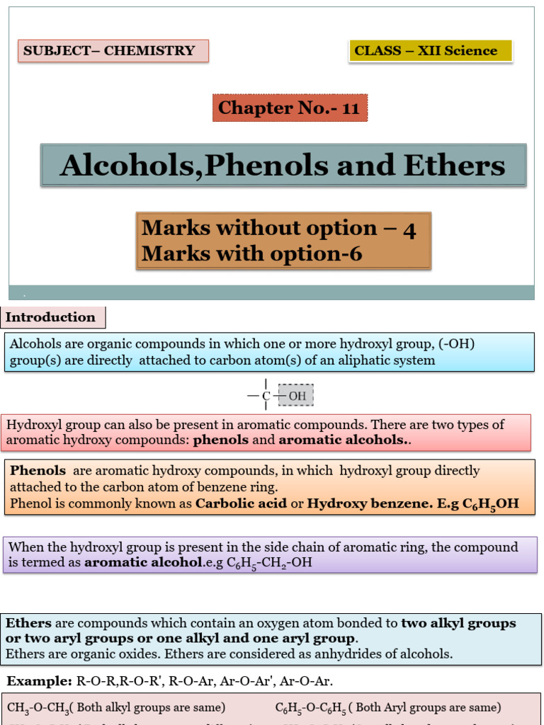 Class 12th Chemistry 11 Alcohols, Phenols and Ethers | PDF | Ether | Ester