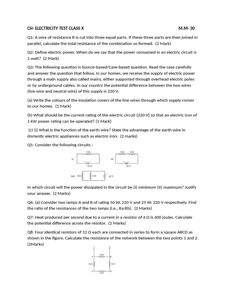 Electricity Test ClassX | PDF | Electric Power | Wire