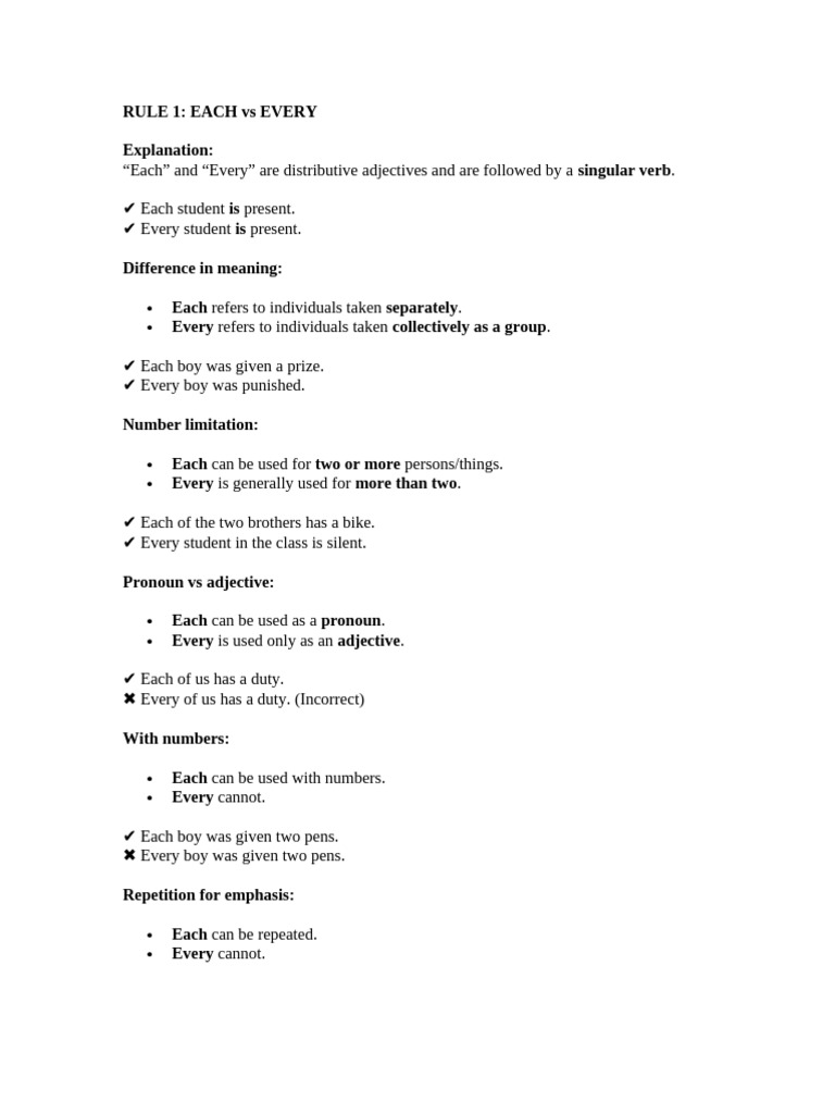 Grammar Rules: Each, Every, and More | PDF | Grammatical Number | Plural