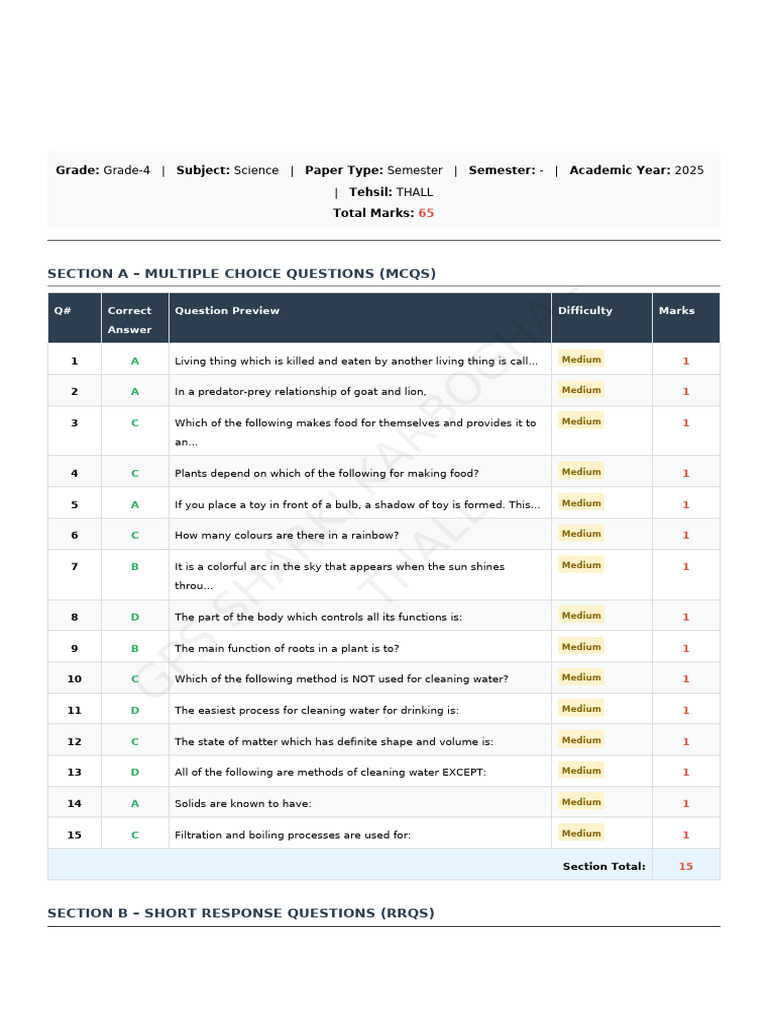 Grade 4 Science SBA Answer Key | PDF