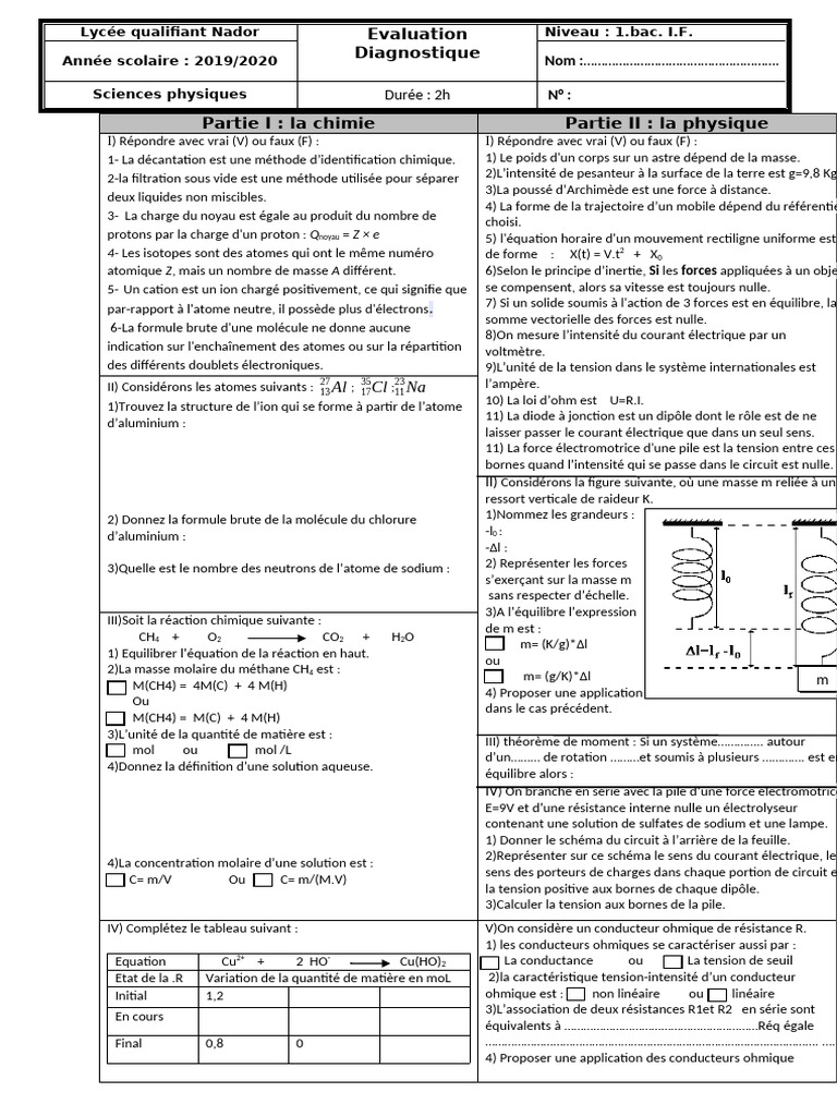 Évaluation de sciences physiques 1.bac | PDF | Tension électrique | Atomes