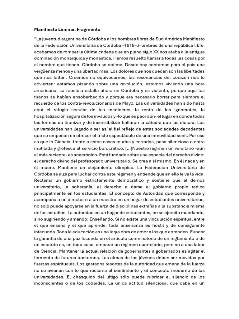 Manifiesto Liminar. Fragmento | PDF