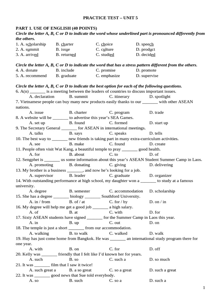 Unit 5 English Practice Test | PDF | Vietnam