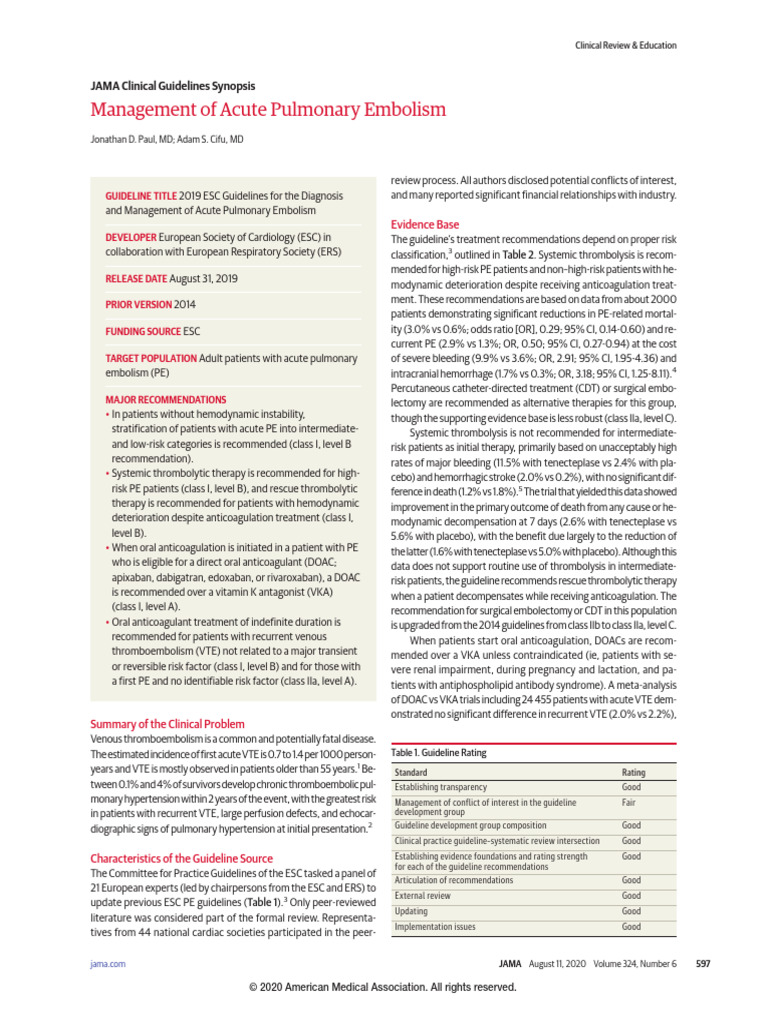 Acute Pulmonary Embolism Management Guide | PDF | Ventricle (Heart ...