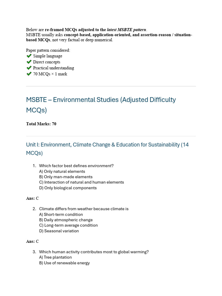 MSBTE Environmental Studies MCQs Guide | PDF | Climate Change | Ecosystem