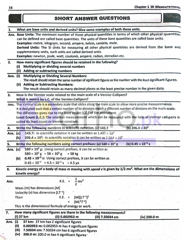 Class 11 Physics Chp 1 Short Answer Questions | PDF