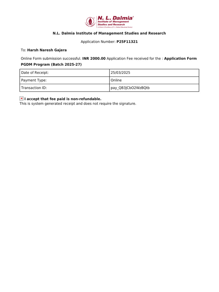 PGDM Application Fee Receipt - N.L. Dalmia | PDF