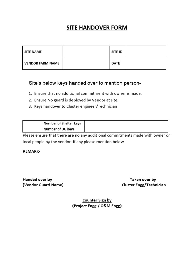 Site Handover Key Transfer Form | PDF