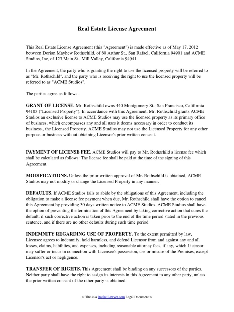 Real Estate License Agreement PDF Indemnity License