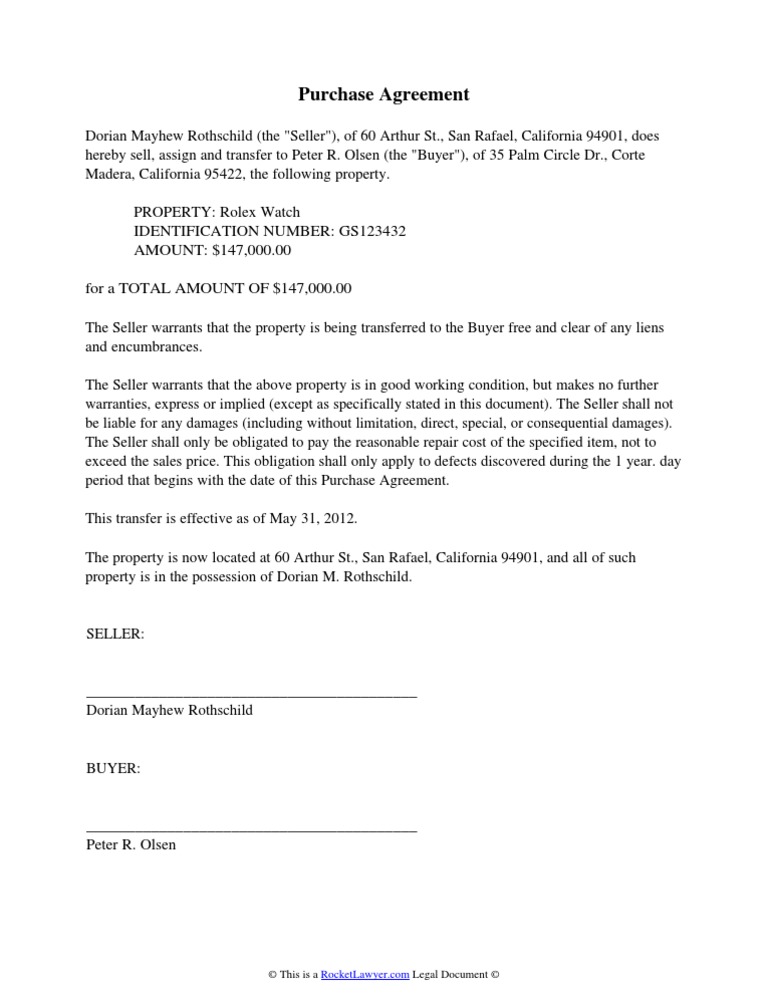 Purchase Agreement for Personal Property