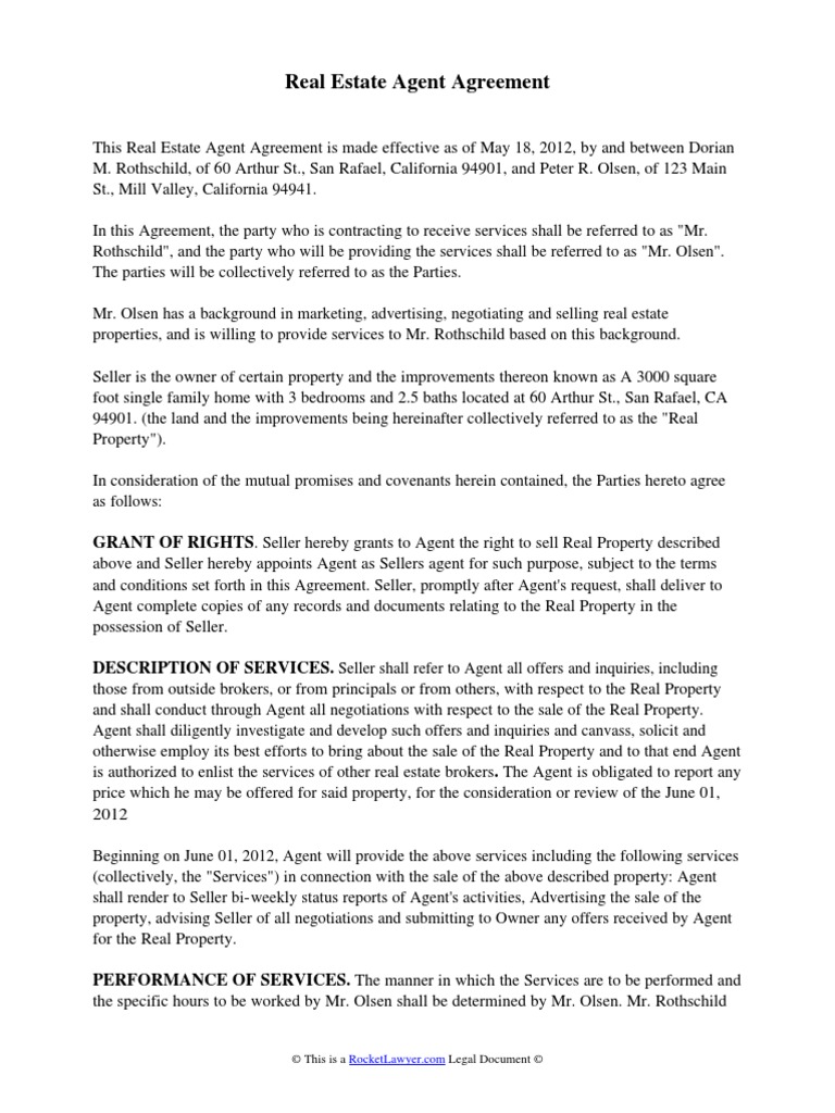 Real Estate Agent Agreement PDF Law Of Agency Real Estate Broker