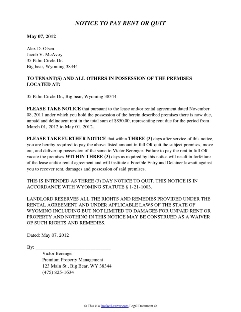 Wyoming Eviction Notice Eviction Leasehold Estate