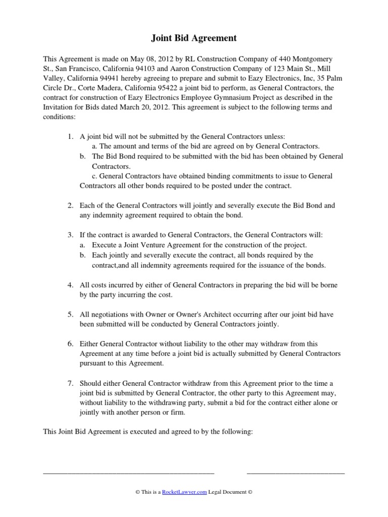 Joint Bid Agreement General Contractor Bonds (Finance)