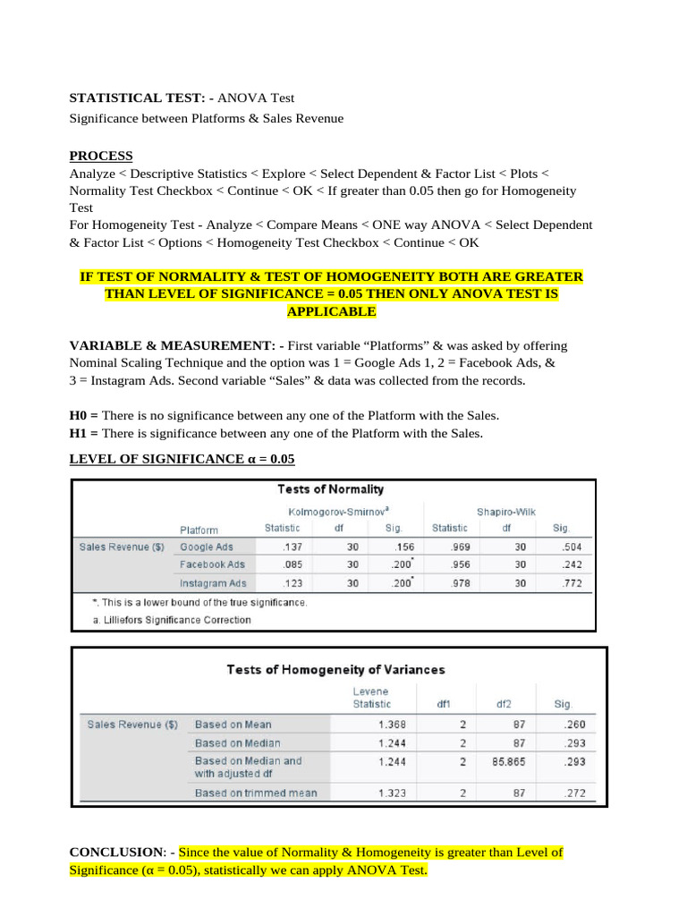ANOVA Test Analysis of Sales Platforms | PDF