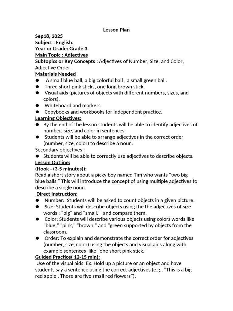 Grade 3 Adjectives Lesson Plan | PDF | Adjective | Grammar