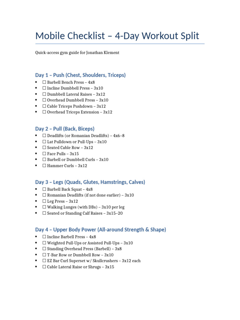 Mobile Workout Checklist Jonathan Klement | PDF