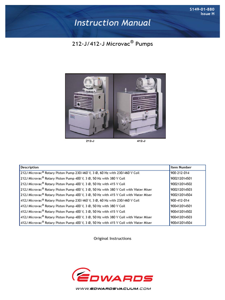 212-J/412-J Microvac Pump Manual | PDF | Pump | Vacuum
