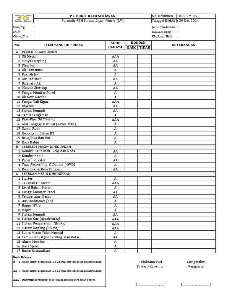 Formulir P2H Kendaraan dan Mesin Bor | PDF