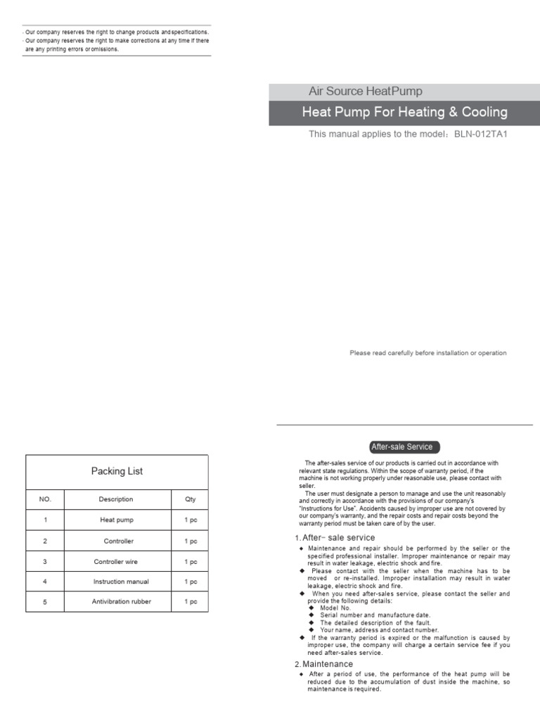 BLN-012TA1 Heat Pump User Manual | PDF | Leak | Heat Pump