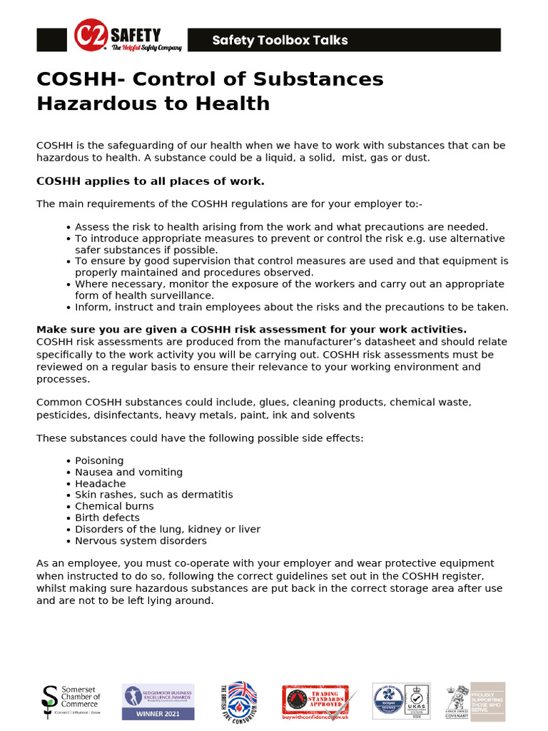 COSHH Guidelines for Workplace Safety | PDF