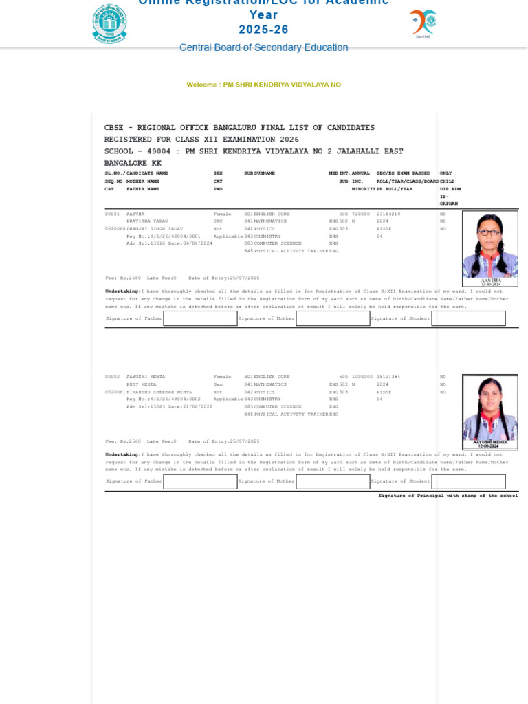 Class 12 Loc Final and Undertaking 2025-26 | PDF | Educational ...