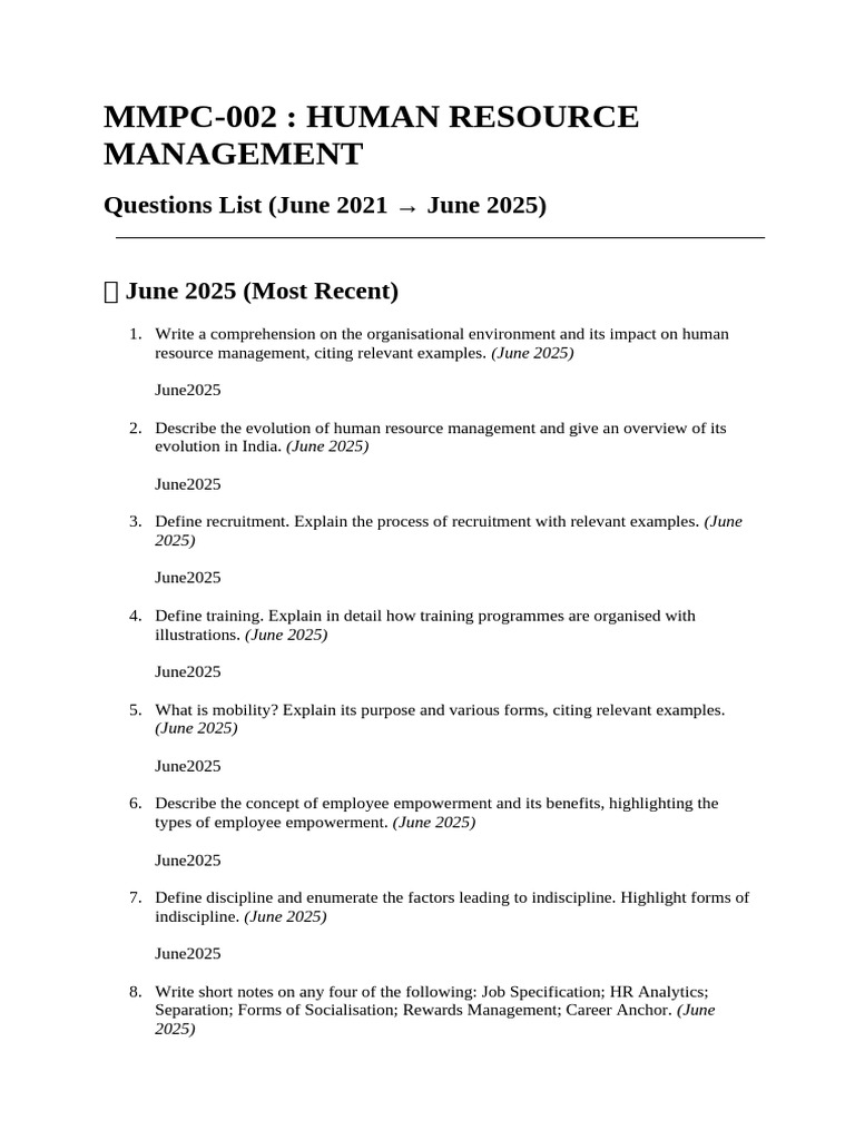 Human Resource Management Questions 2021-2025 | PDF | Human Resource ...