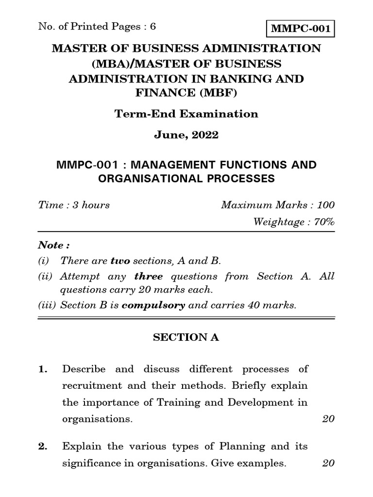 MBA Management Functions Exam Guide | PDF | Master Of Business ...