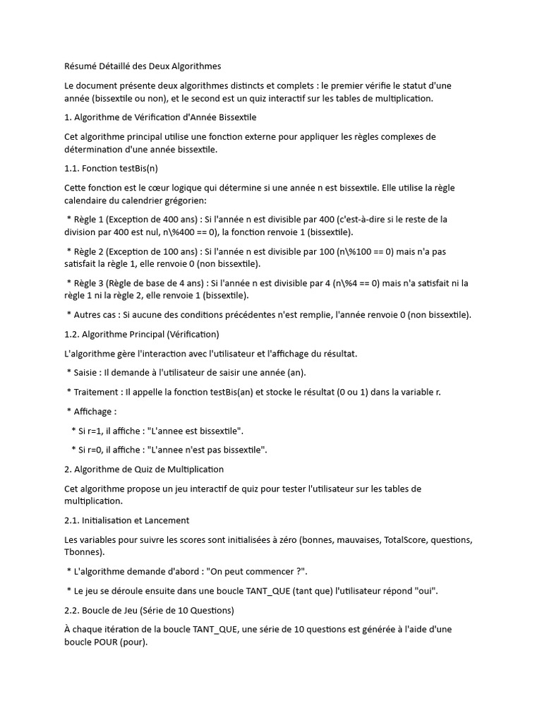 Algorithmes : Année Bissextile et Quiz Multiplication | PDF