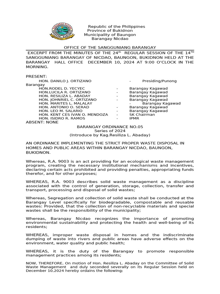 Waste Disposal Ordinance in Barangay Nicdao | PDF | Waste Management ...